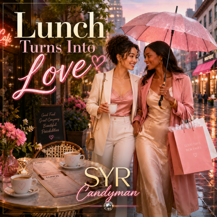 Lunch Turns Into Love album art - two women share an umbrella as they walk down a street past a cafe table