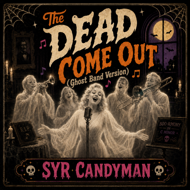 The Dead Come Out (Ghost Band Version) album art 5 ghosts singing and playing instruments in a haunted house