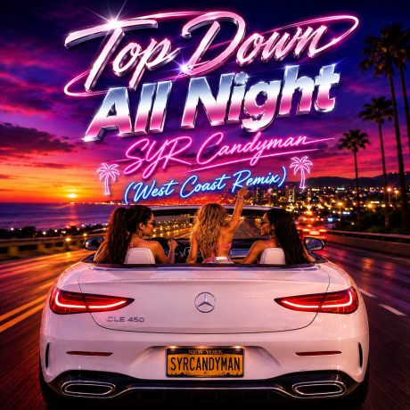 Top Down All Night album cover three women in a white convertible driving into the city at sunset