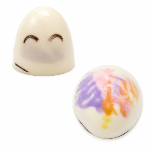 Happy Unicorn Truffles - profile and top view - white chocolate truffle with various colored chocolate and hand painted squinty eyes