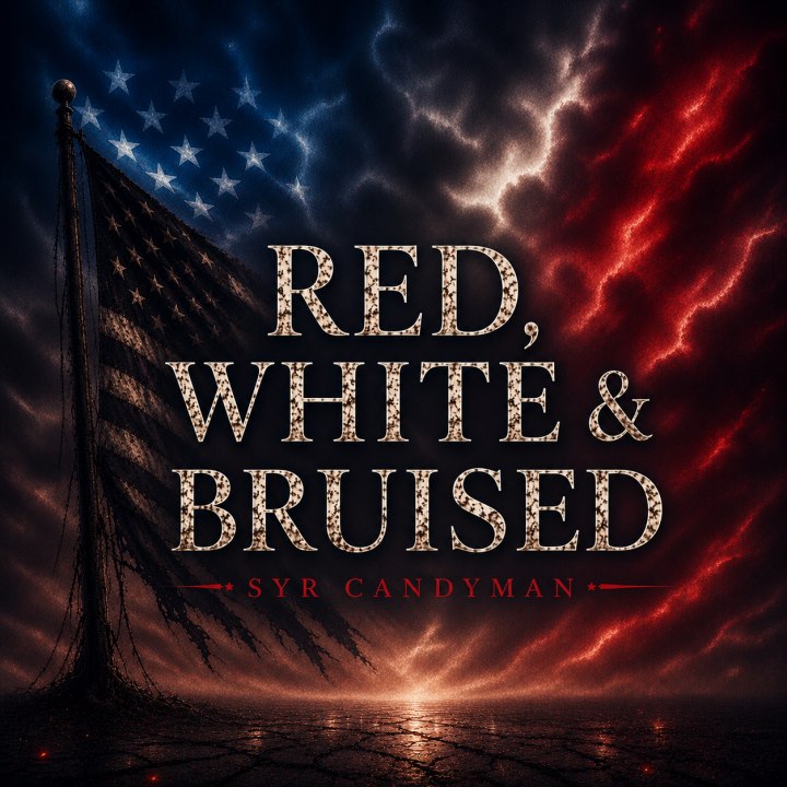 Red, White & Bruised album cover - open space with ripped flag and red white and blue in the horizon