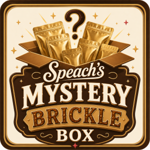 Speach's Mystery Brickle Box logo - gold stand up pouches inside a shipping box