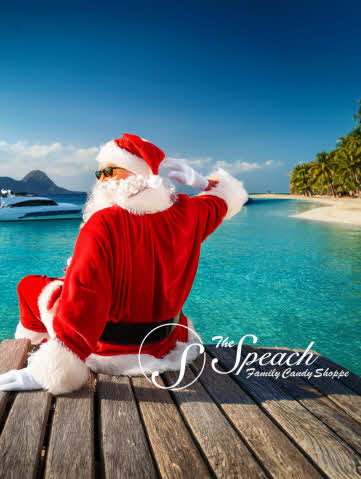 Santa on dock withbeach and yacht in background