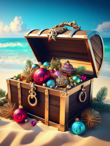 Treasure Chest on beach with Holiday Decor coming out with Speach logo